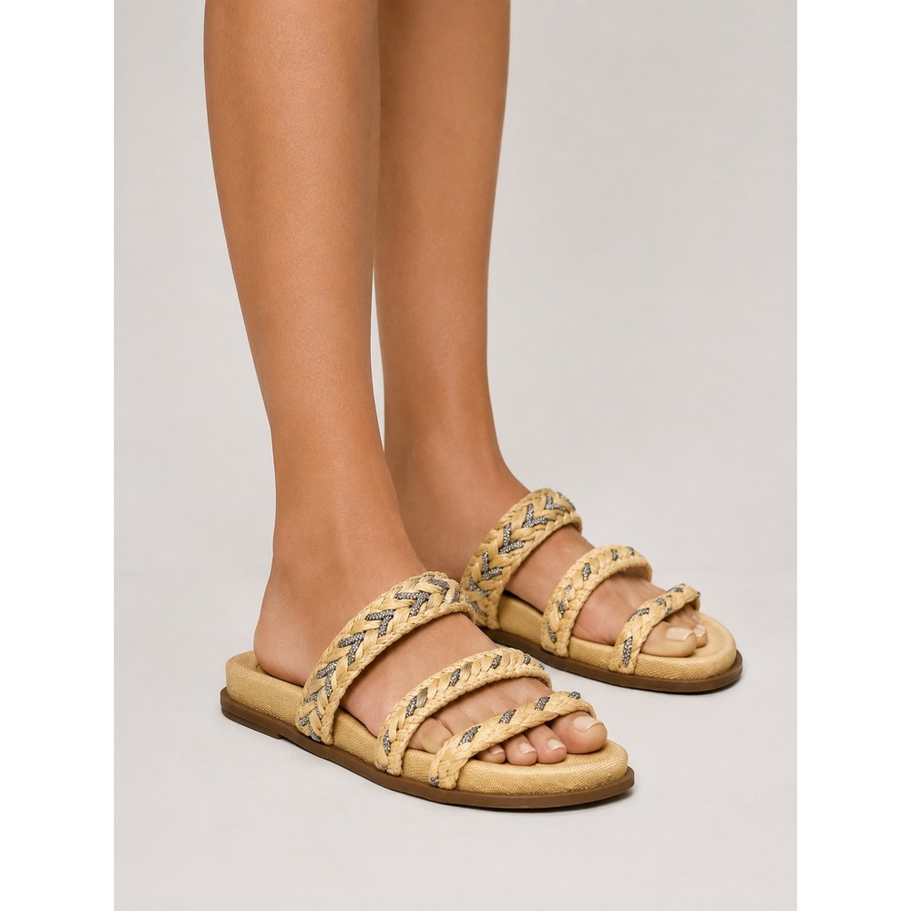 Arezzo Tan Woven Raffia Braided Rhinestone Slide Shoes Sandals 6 B Brazil